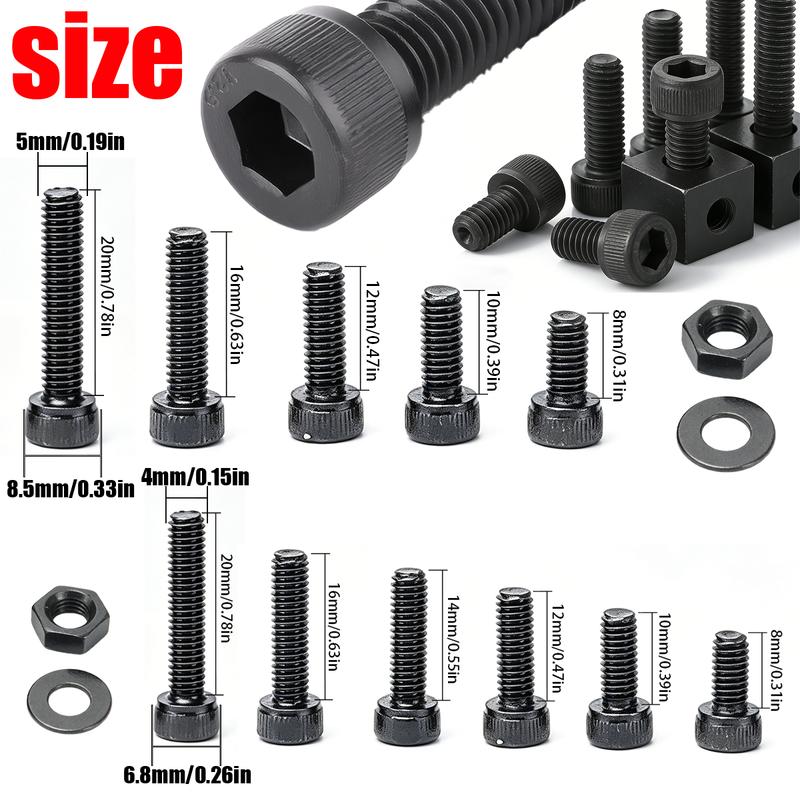 370pcs/12.9 Grade Black Hex Socket Head Cap Screws, Nuts, and Flat Washers Set; DIN912 Metric Bolt Fastener Set; M4 and M5 Bolts