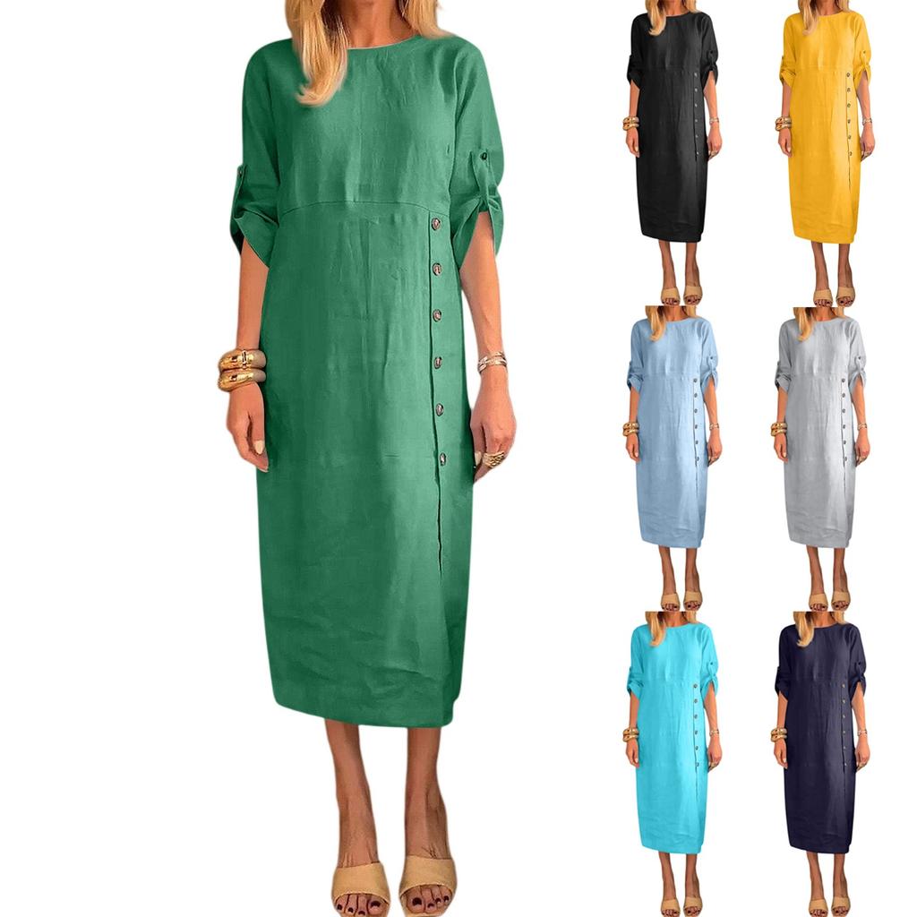 Ladies' Casual And Fashionable Solid Color Round Neck Short Sleeved Button Slit Mid Length Dress
