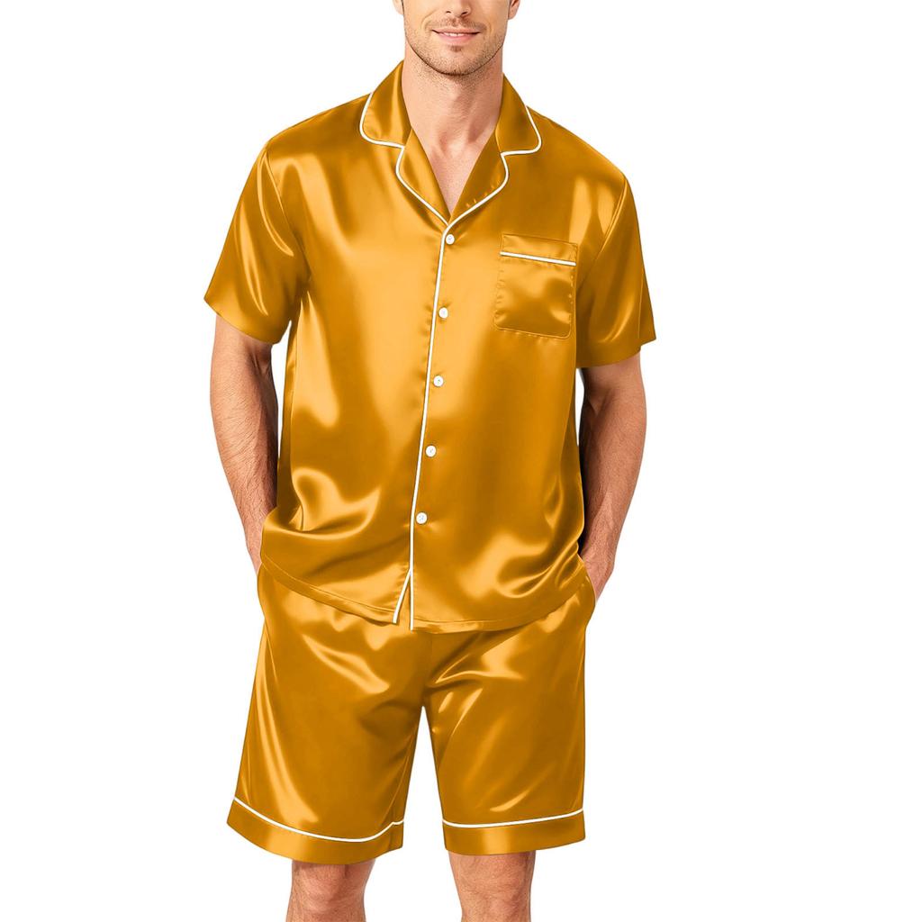 Men's Short Sleeve Button Down Pajama Set with Sleep Shorts Soft Casual Two-Piece Nightwear for Home Size S-4XL