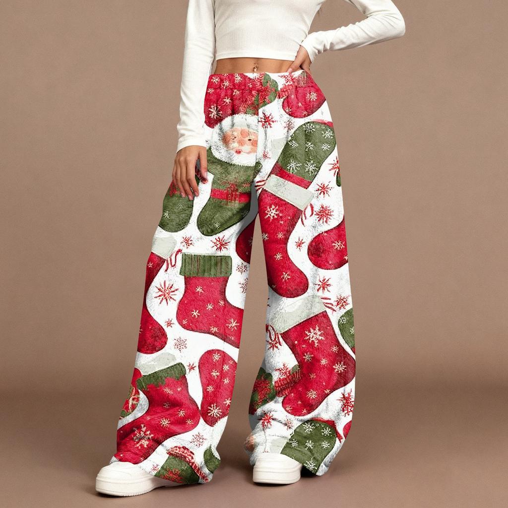 Women's Casual Fashion Christmas Print Elastic Waist Loose Plush Wide Leg Pants