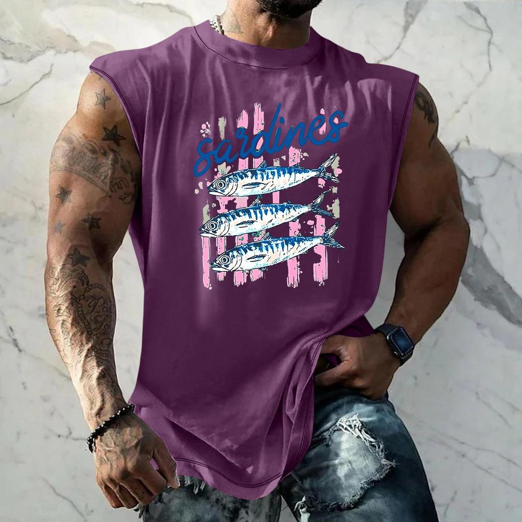 Pánské tílko s vtipným potiskem a retro texturou, volný střih, prodyšné, na letní sporty a streetwear, ležérní pro každodenní nošení