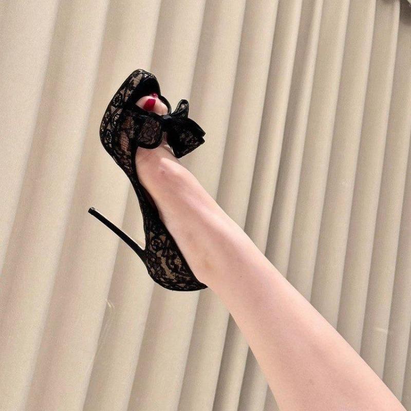 Fashion Black Lace Double Bow Peep Toe High Heels Women Sexy Round Toe Platform Stiletto Heel Slip On Party Dress Wedding Shoes
