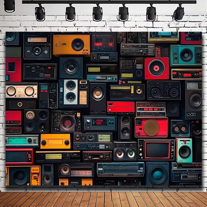 

2D Vintage Radio Equipment Background Cloth for Parties, Concerts and Music-Themed Events 47.2x31.5inch/120*80cm