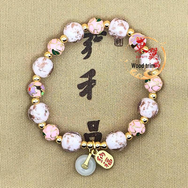 Luminous Pink Cloisonné Gold Sand Glass Bracelet with Incense Ash and Gold Foil Panjiayuan Na Fu Design