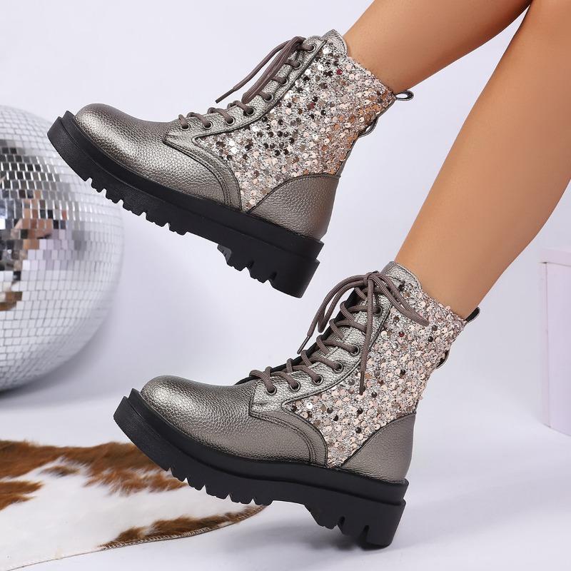 New Large-sized Shoes Women's Shoes, Round-toed Thick-soled Lace-up Fashion Boots