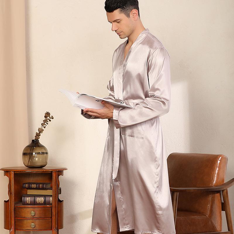 Men's Plus Size Glossy Kimono Robe - Solid Color, Long Sleeve, Lightweight Cardigan for Spring/Autumn