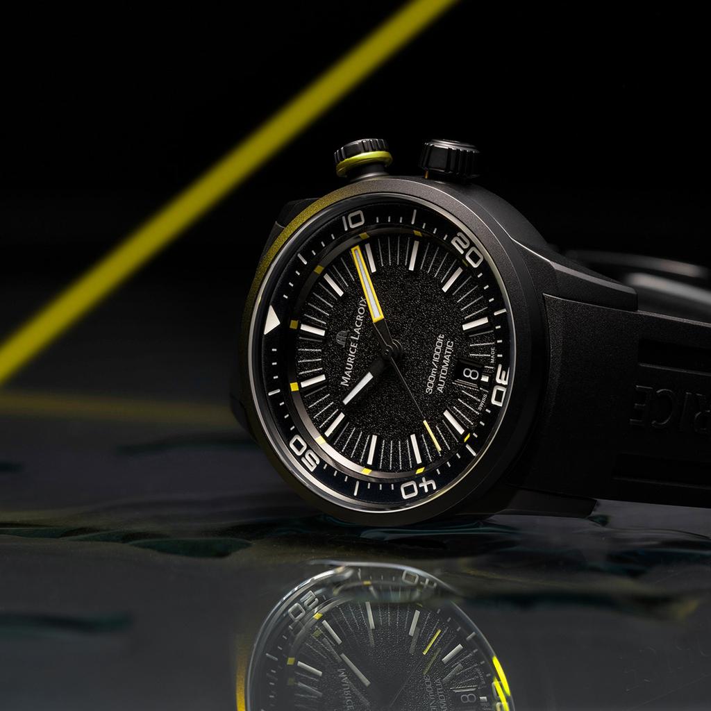 Maurice Lacroix PONTOS S Diver 42mm Revestimento DLC Preto Mostrador Preto Granulado Pulseira de Borracha Relógio Automático Masculino (PT6248-DLB00-330-2)