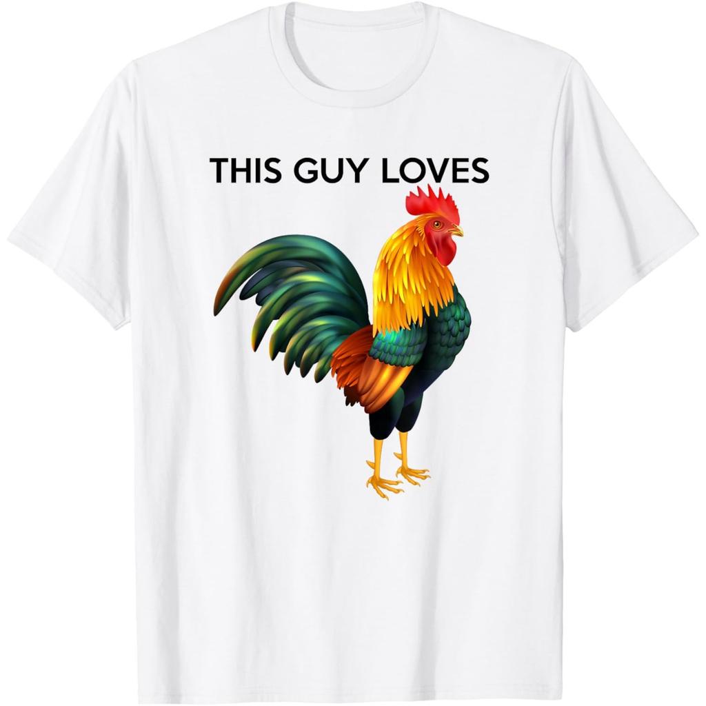 Funny Rooster Graphic Tee This Guy Loves Chicken Print Casual Cotton T-Shirt