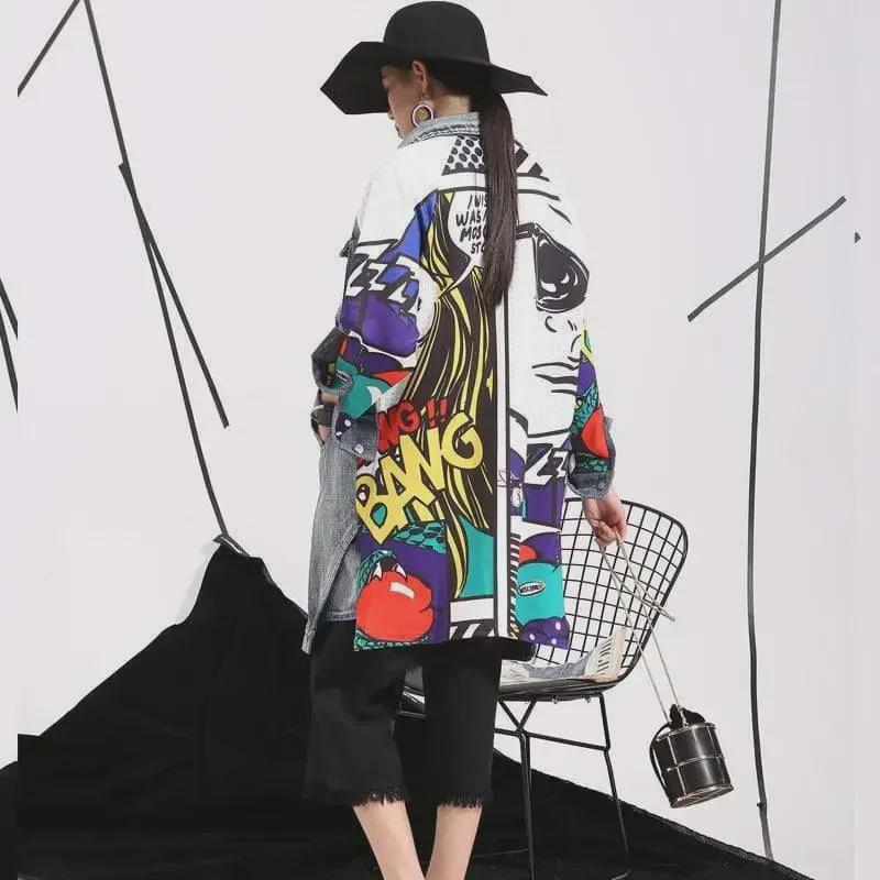 Dámská džínová větrovka s abstraktním vzorem 2025 - kreativní sestřih, volná sepraná bunda