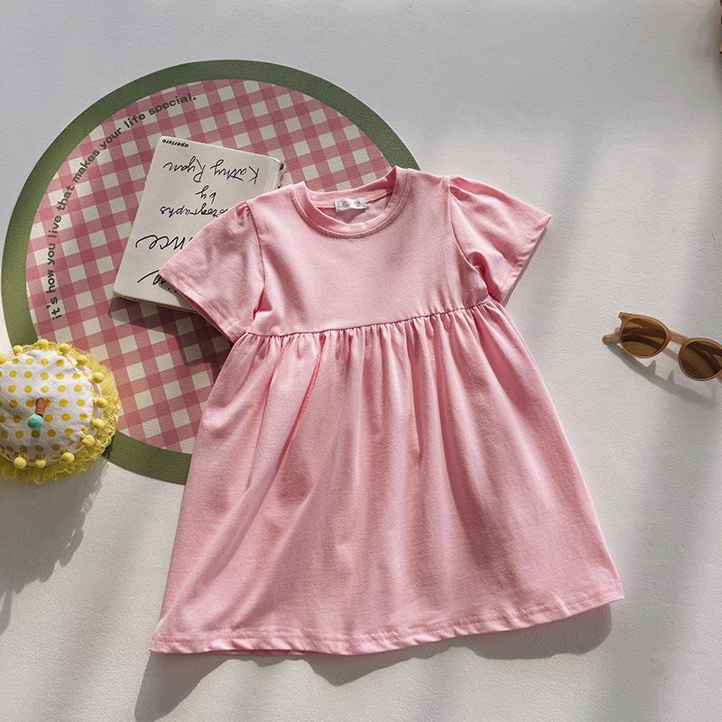 Girls Summer Solid Knit Short Sleeve Dress Loose Casual Cute Princess T Shirt Dress For Kids