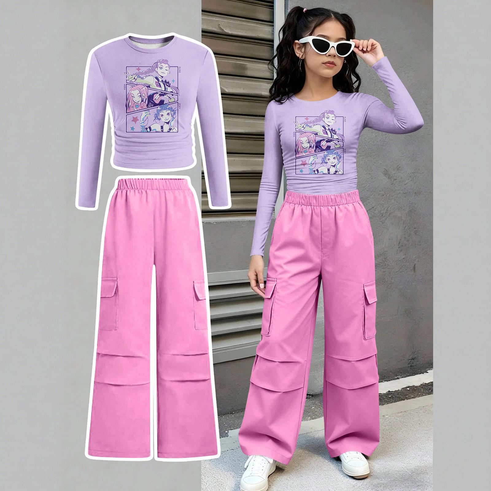 

Children s Summer Waist Cinched Long Sleeve Top And Straight Leg Two-Piece Athletic Set Short Printed Clothing Set 160 фіолетовий