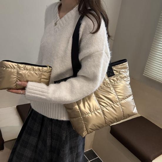 Puffer Tragetasche Damen Gesteppte Schultertasche Glänzende Puffige Handtasche Leichtgewichtige Geldbörse mit Reißverschluss für Arbeit Reisen Fitnessstudio Einkaufen
