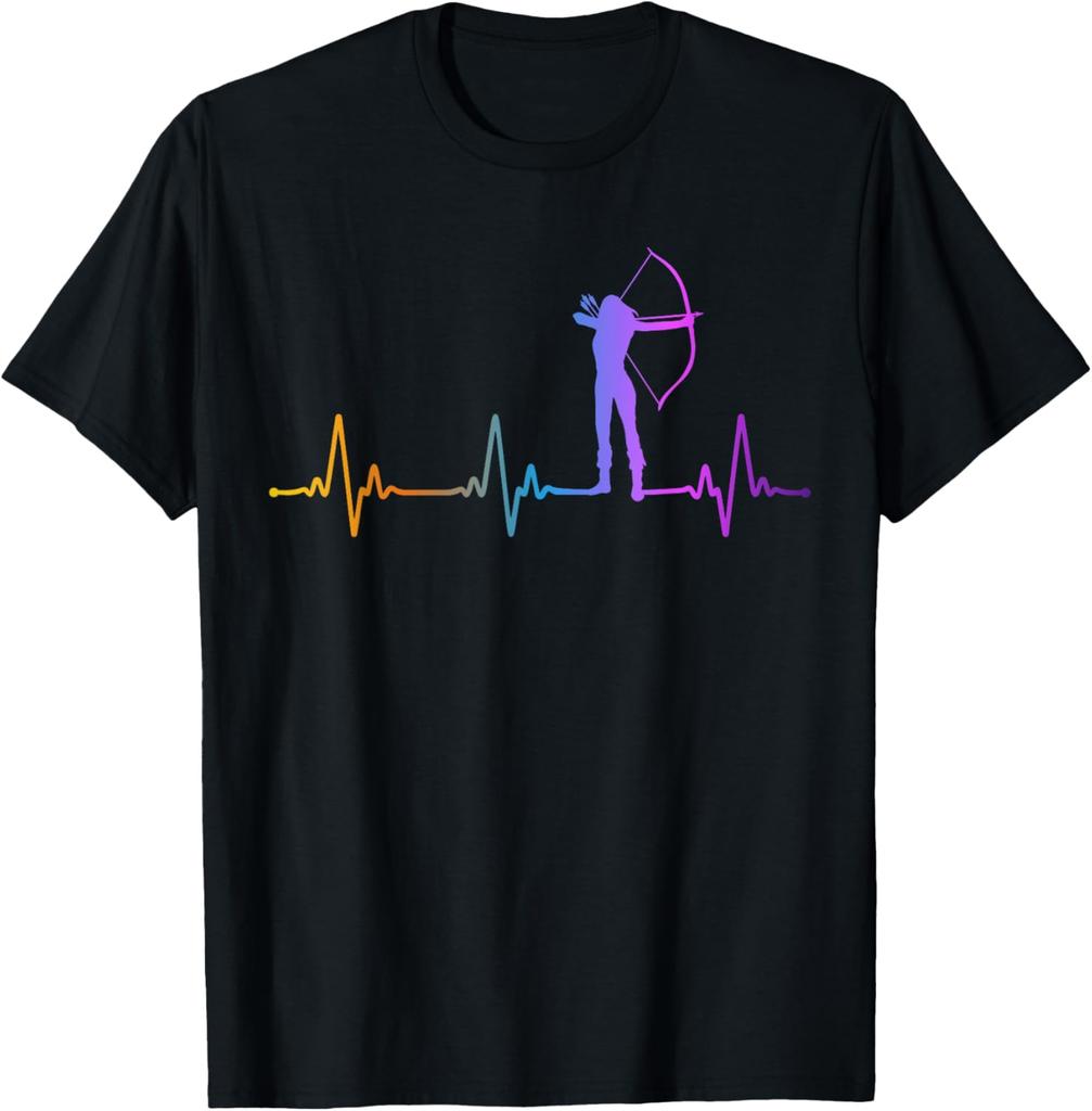 Archery Bow Archer Girl Heartbeat Pulse Rainbow T-Shirt Unisex Summer Streetwear Tops Print On Demand Mens Clothing Ropa Hombre
