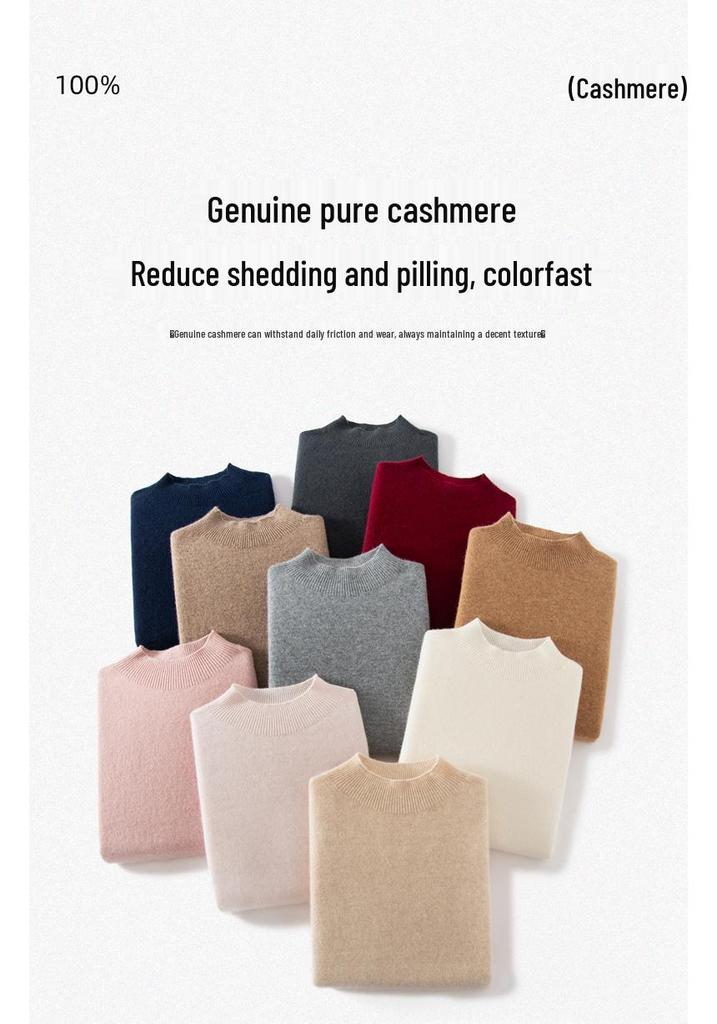 Women’s Pure Cashmere Half-High Neck Seamless Knit Sweater - Long Sleeve Base Layer for Autumn/Winter