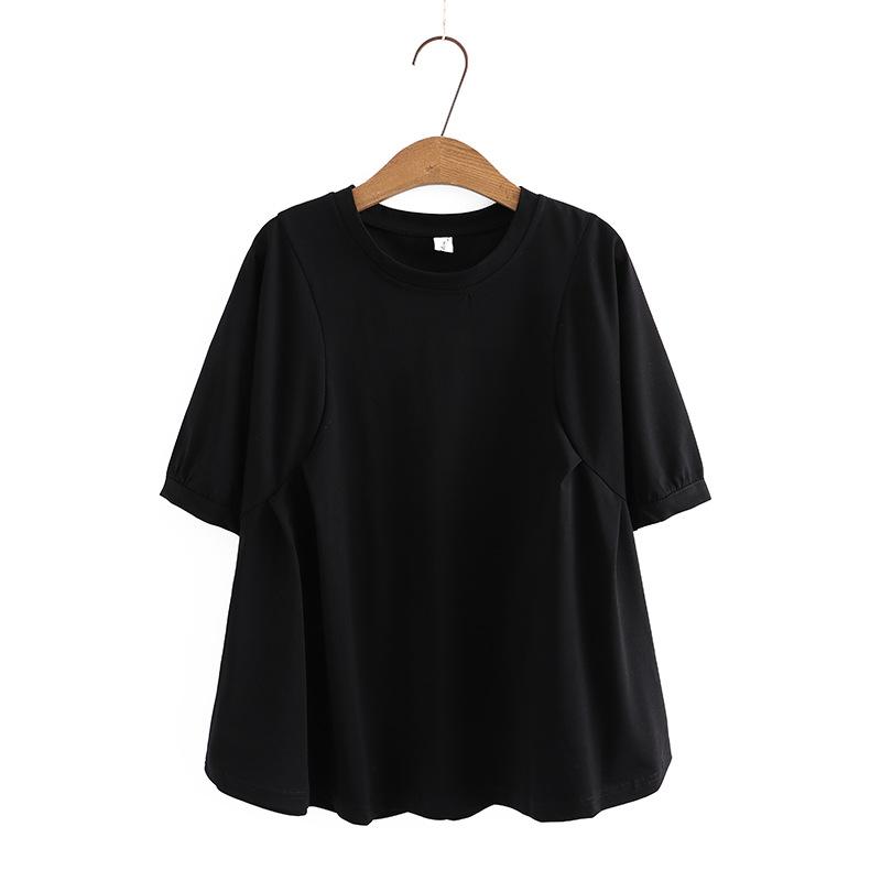 Women's Spring Solid Color Loose Pullover Top Round Neck Split Sleeve Comfortable T-Shirt