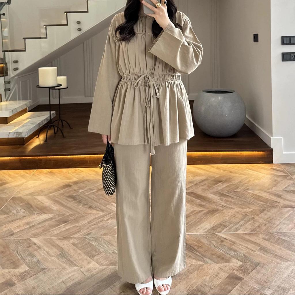 European and American Amazon Women's New Crew Neck Long Sleeve Drawstring Waist Top High Waist Wide Leg Pants Casual Suit