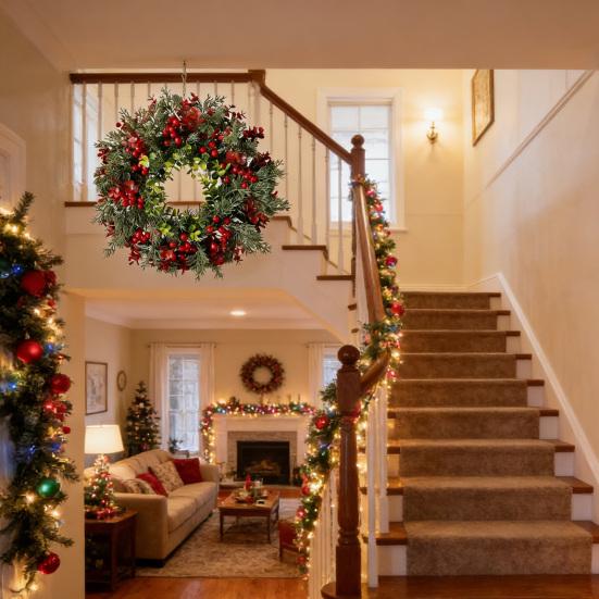 Artificial Red Berry Wreath Indoor Outdoor Front Door Wall Hanging Christmas Holy Berry Garland Holiday Party Decoration Ornament