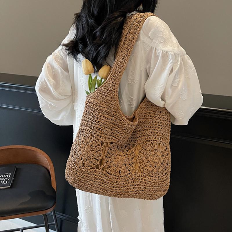 Yogodlns Large Straw Beach Bag with Zipper Summer Shoulder Bag Handbag Hobo Bag Shoulder Purse for Women Travel Vacation