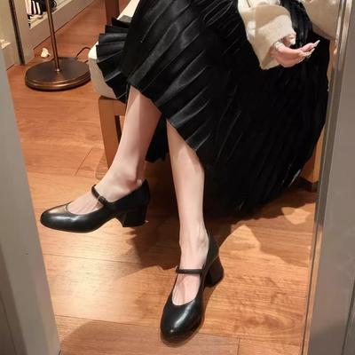 Sheepskin Version~ Leather One-word with Commuter High Heels, Thin Thick Heels, Mary Jane Shoes, Women's Single Shoes