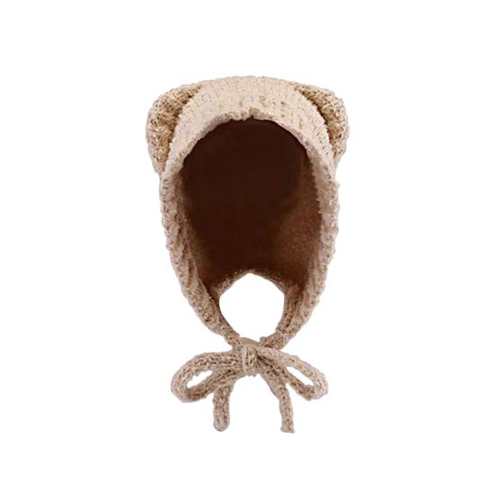 Women Hat Bear Shape Solid Color Winter Knitted Hat with Lace-up Cold Weather Thick Warm Plush Headwear