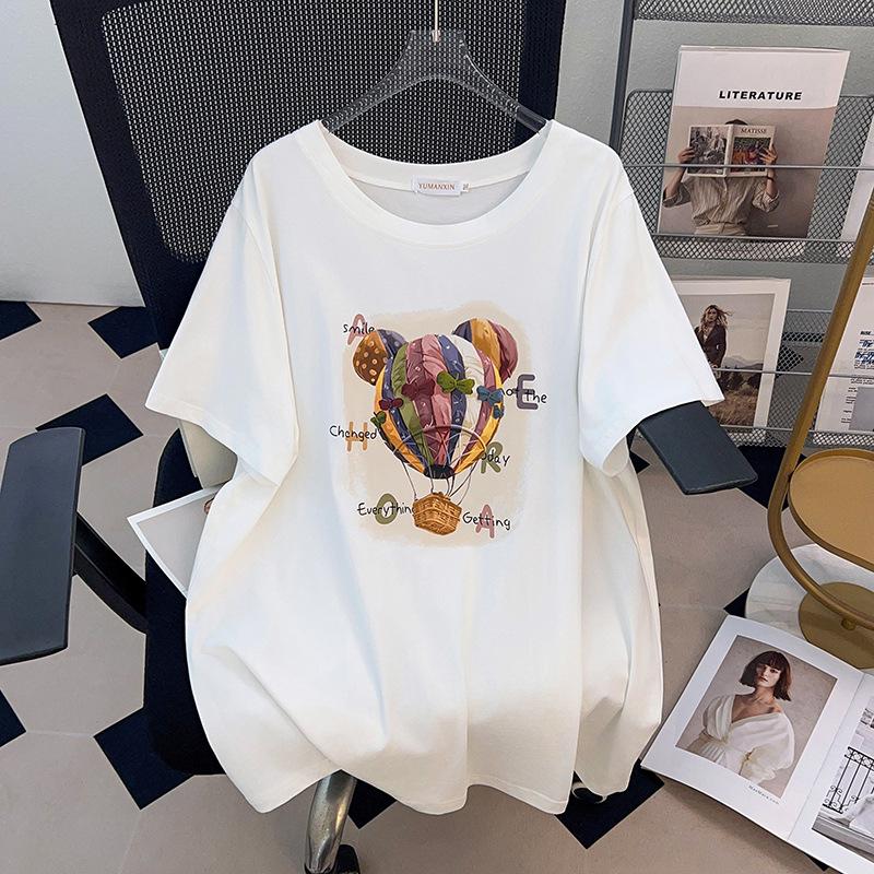 Women's Plus Size Loose Mid-Length Belly Covering Short-Sleeved Round Neck T-Shirt (Sizes 200/300/350 jin)