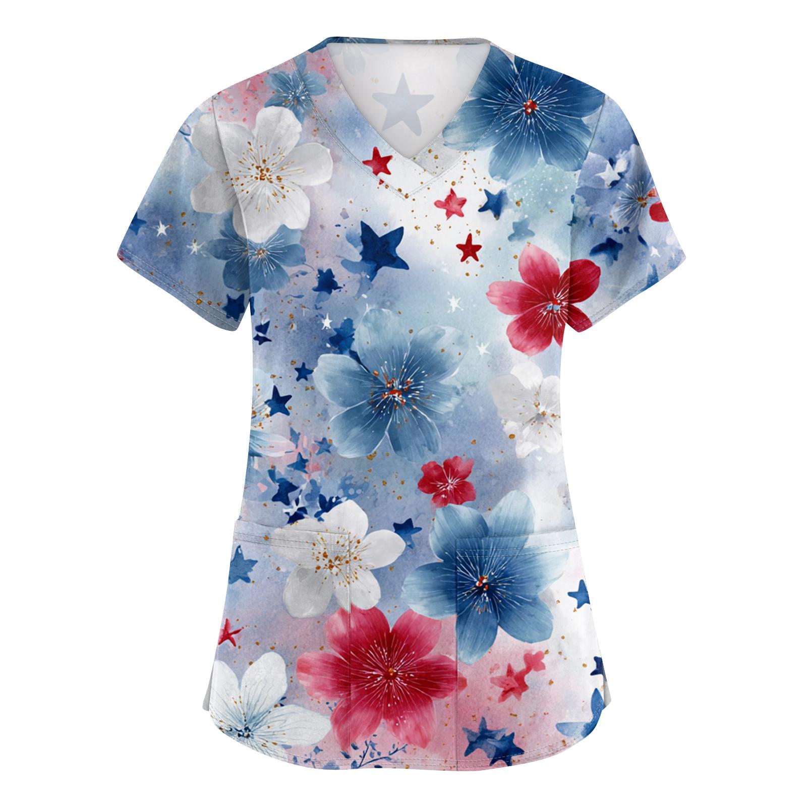 

Модный женский рабочий топ с V-образным вырезом, короткими рукавами, карманами и принтом ко Дню Независимости. Форма. XXXXXL