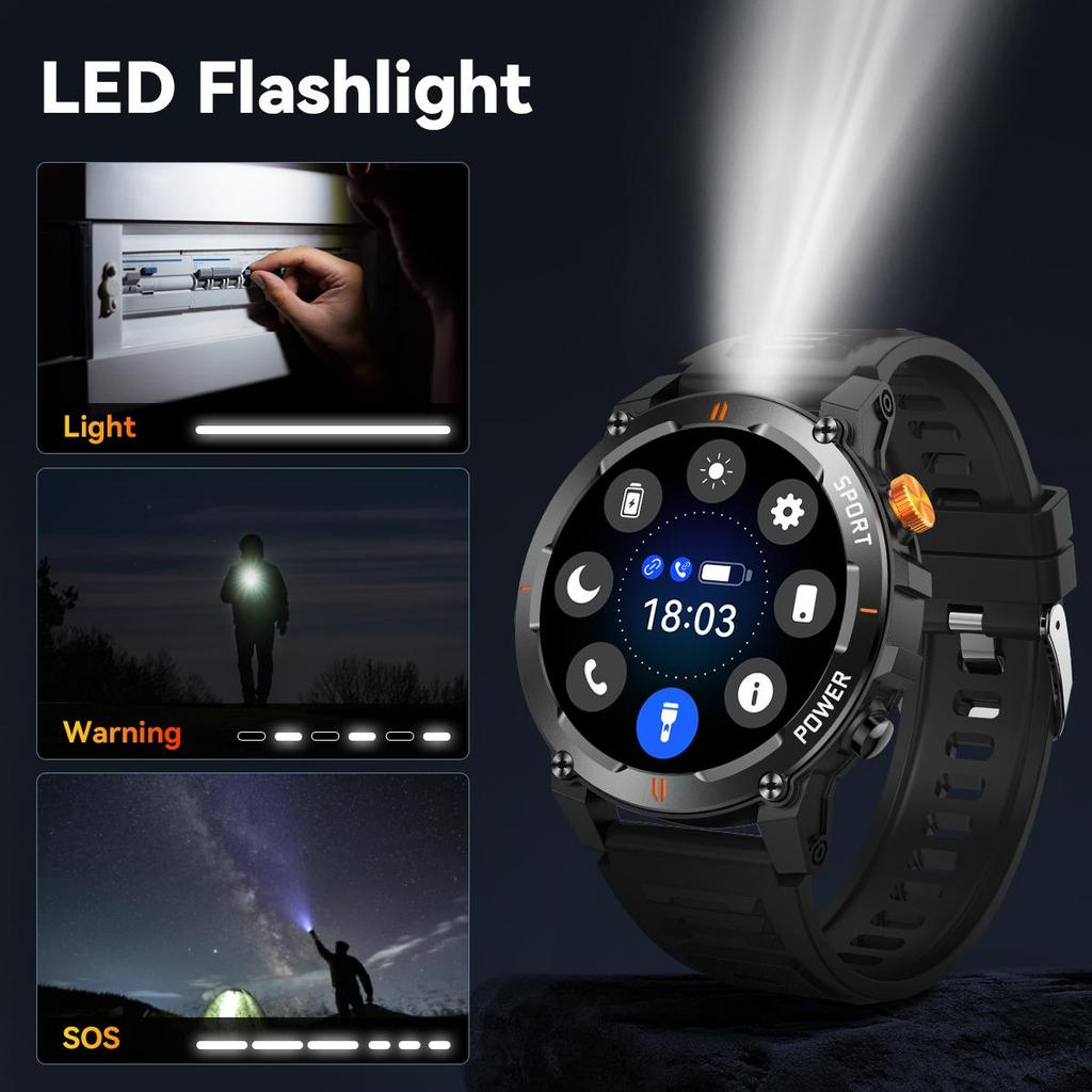 men smartwatch, Bluetooth call, LED Flashlight, IP67 waterproof fitness tracker, pedometer, music player, weather, outdoor sports fitness watch