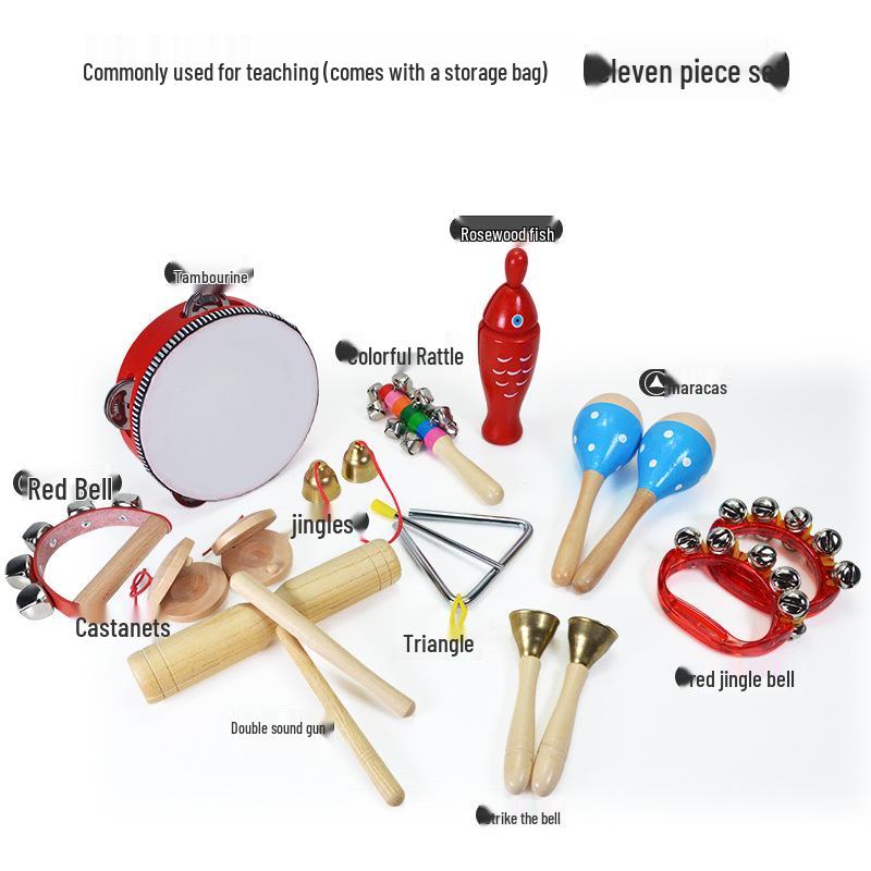 Children's Orff Percussion Instruments: Triangle, Castanets, Maracas, Tambourine, Wood Block, Cymbals