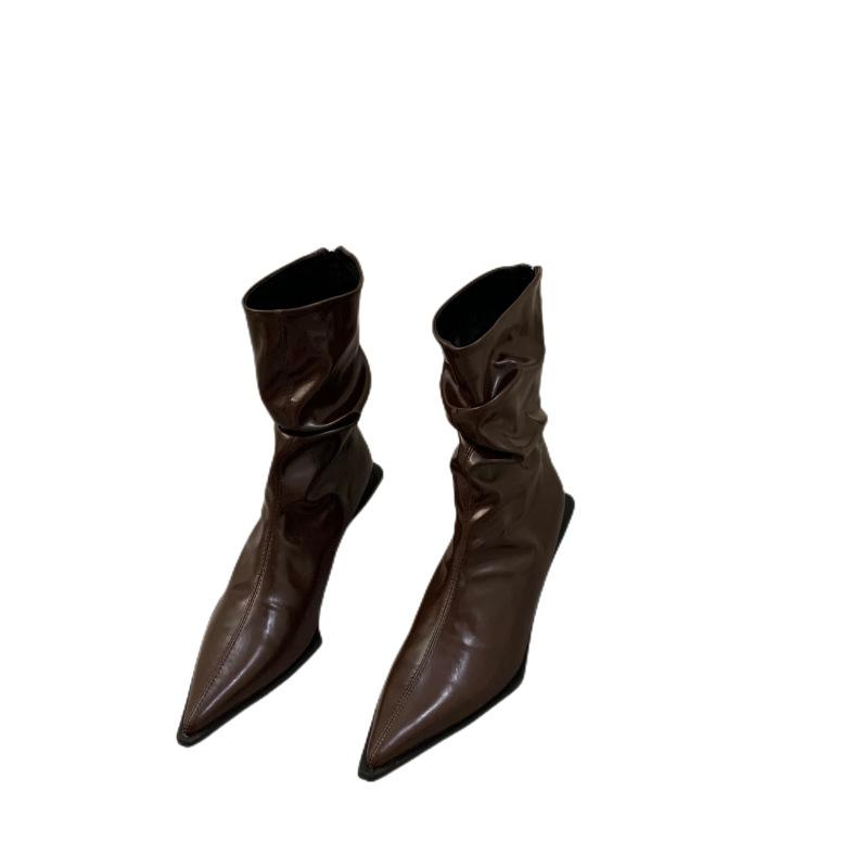 French temperament high heel thin short boots women's shoes 2025 summer brown pointed small bare boots spring and autumn single boots