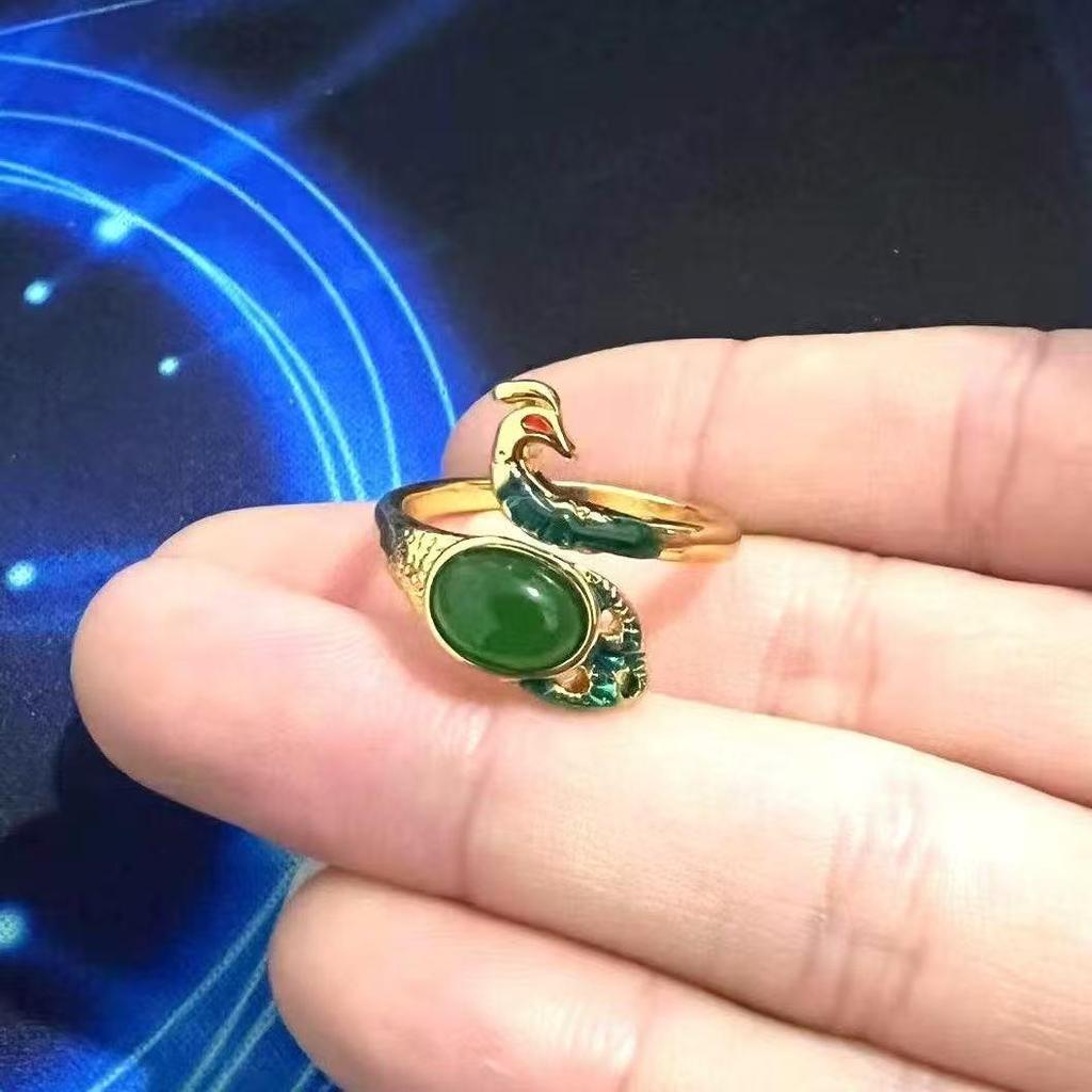 Adjustable Multi-colored Green Stone Peacock Ring for Men and Women - Ethnic Style