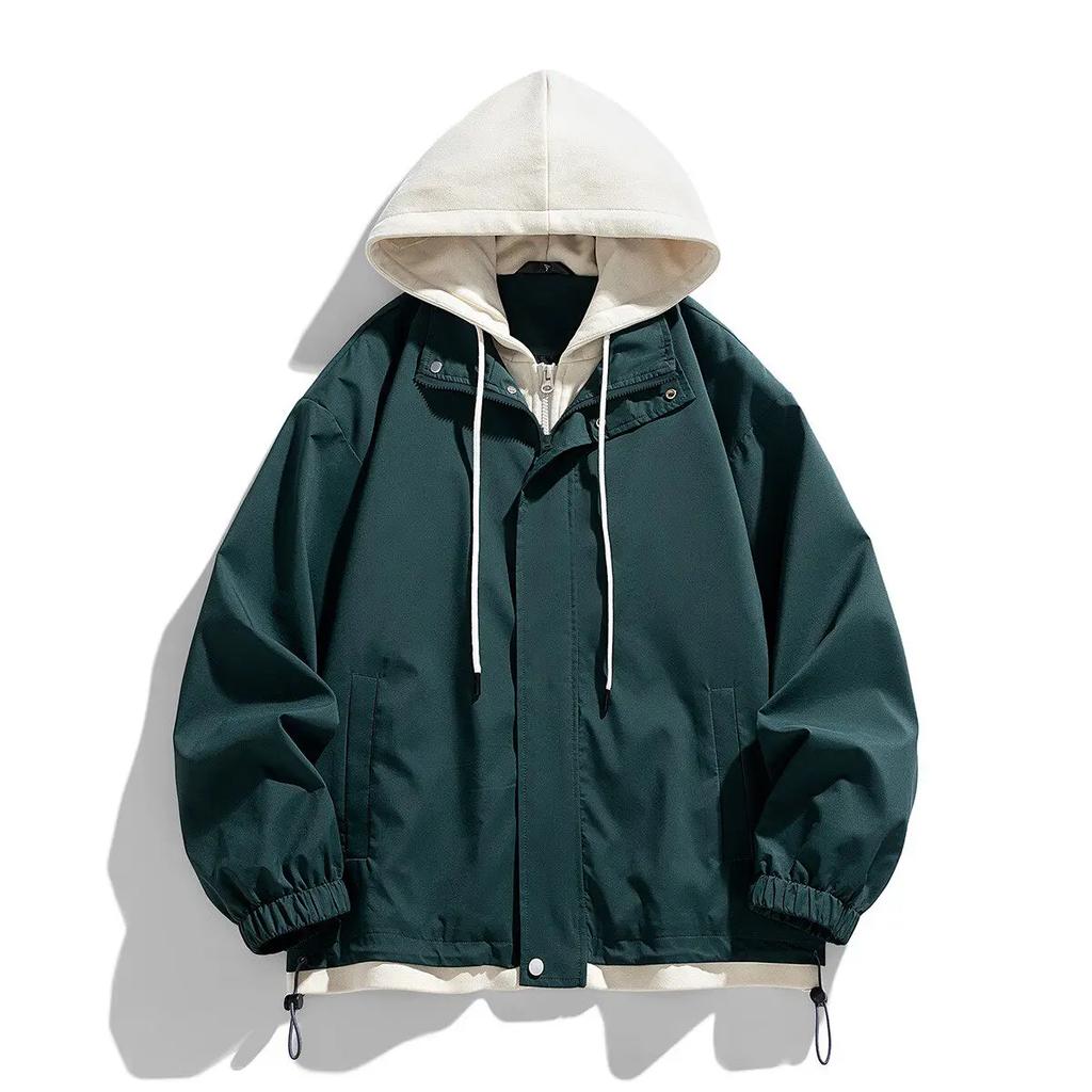 Spring Autumn New Fashion Hooded Jacket Men Hong Kong Style Patchwork Jackets Male Fake Two Pieces Casual Coat Hoodies Outerwear