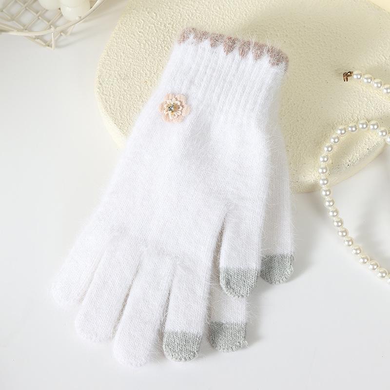 Finger gloves winter women's new thickened warm solid color cute student cycling cold-proof wool gloves women