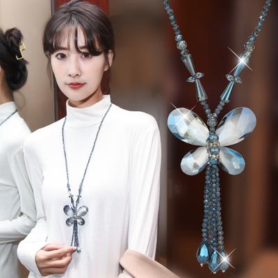 Crystal Butterfly Tassel Long Sweater Necklace Women'S Autumn And Winter Versatile Noble Dian Accessories