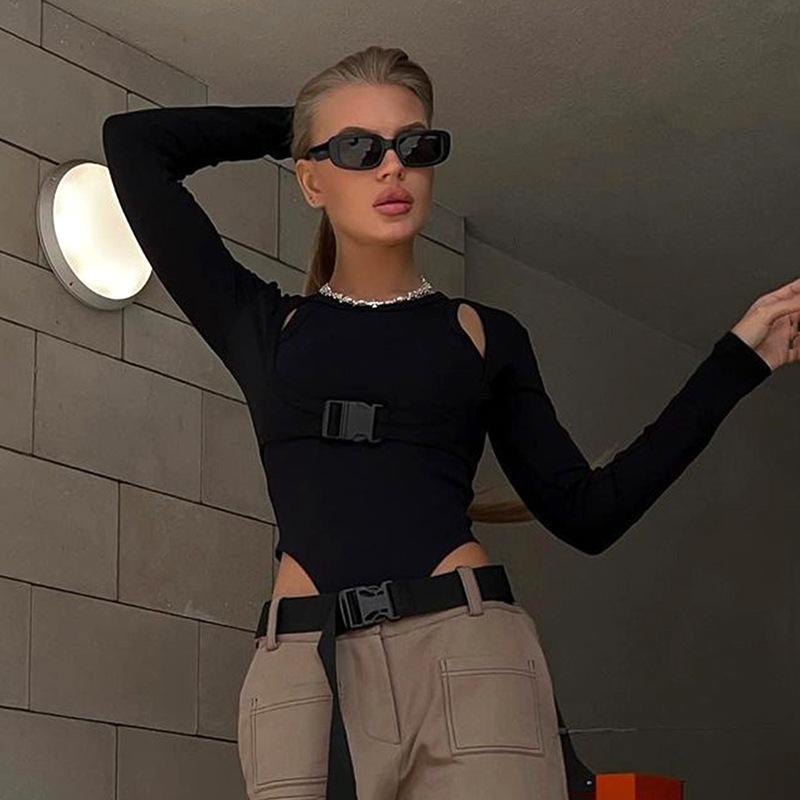 

Весенние новые облегающие сексуальные комбинезоны с длинным рукавом для женщин, элегантные однотонные уличные комбинезоны Y2K, женские комбинезоны, осенние повседневные модные женские боди 25756 L чёрный