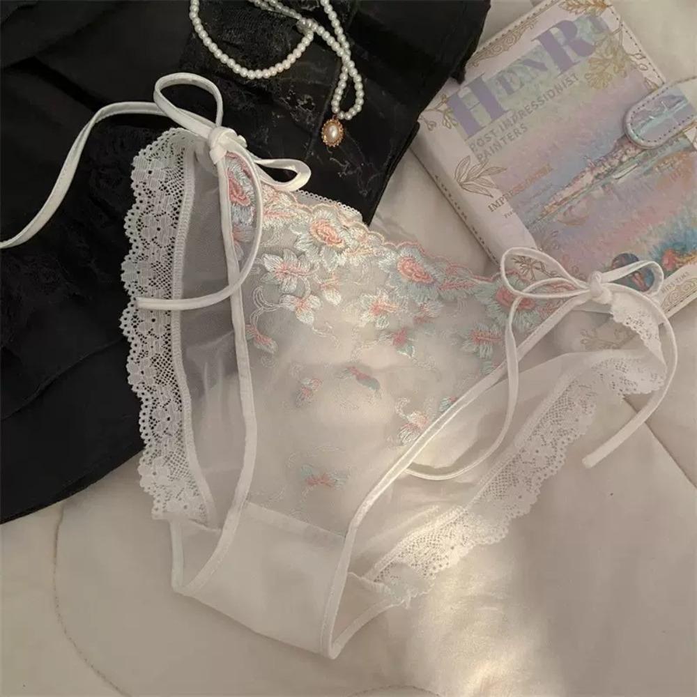Fashion Low Waist Embroidery Flower Panties Transparent Cotton Crotch Underwear for Women Sweet Mesh Lace Briefs Lady