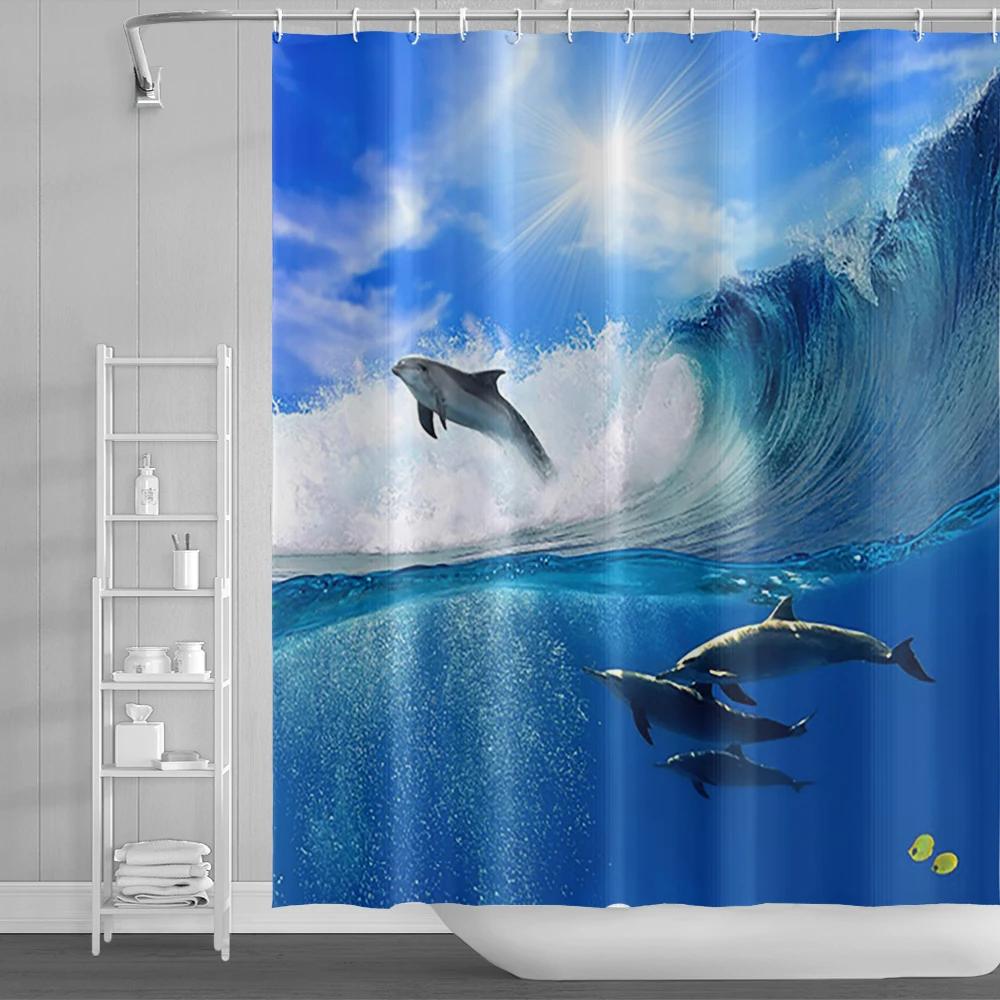 Sea Animals Shower Curtain 3D Dolphin Turtle Octopus Jellyfish Undersea World Bathroom Decoration Kids Polyester Bathtub Curtain