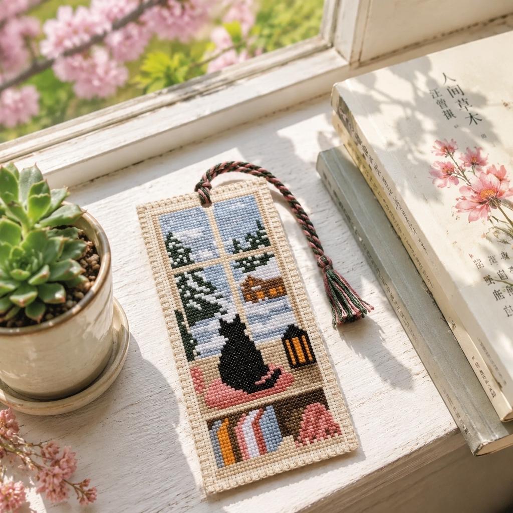 Seasonal Cat Cross Stitch Bookmark with Tassel Handmade Needlepoint Reading Accessory for Book Lovers and Craft Enthusiasts