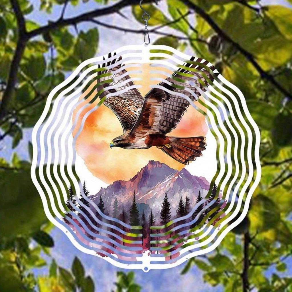 Eagle Metal Wind Spinner Outdoor Decor 2D Hanging Yard Art with 360 Rotating Hook No Power Needed Easy Install Forest Sunrise Design