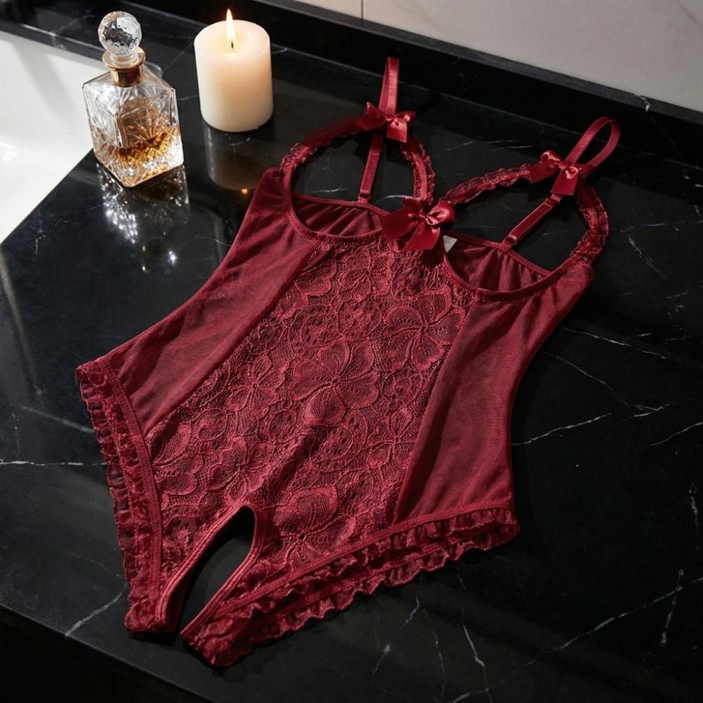 Deep V Women Underwear Open Crotch Lace Sling Nightwear Sweet Lace Bow Bodysuit Gifts