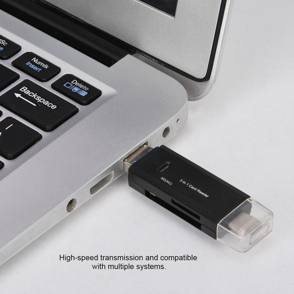 New Multifunctional 3 In 1 TypE C Micro USB Card Reader High Speed Transmission (Black)