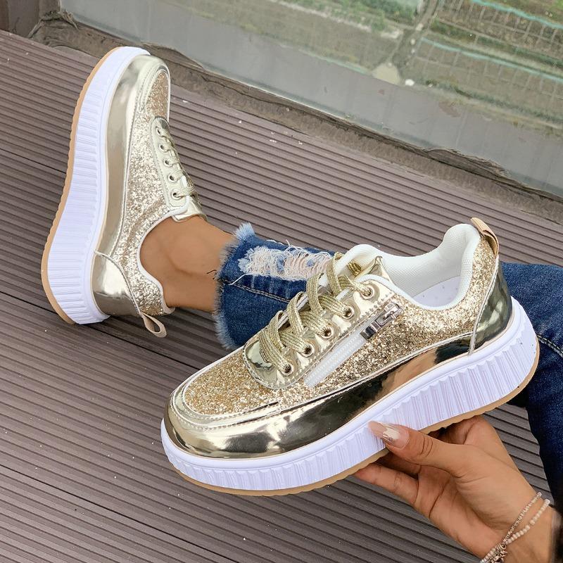 Spring and Autumn Trend Platform Casual Shoes New Glossy Fashion Sports Women's Shoes Low-top Lace-up Flat-soled Single Shoes