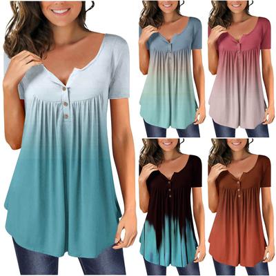 Women's Short Sleeve Tunic Loose Tops Casual Plus Size Tops Pleated Tunic Button Casual Summer Floral Tie Tops For Women