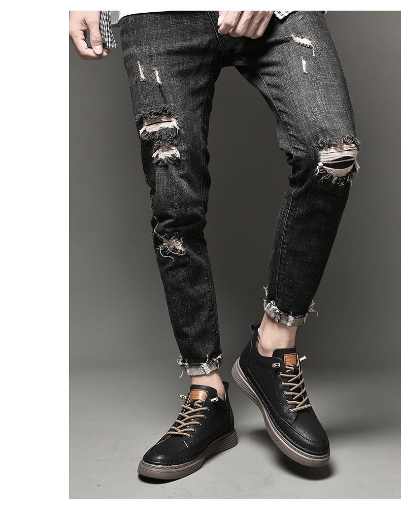 Zapatillas de Hombre de Piel de Vaca con Suela Gruesa: Zapatos de Moda de Caña Baja, Casuales Británicos de Cuero, Talla Grande, que Aumentan la Altura