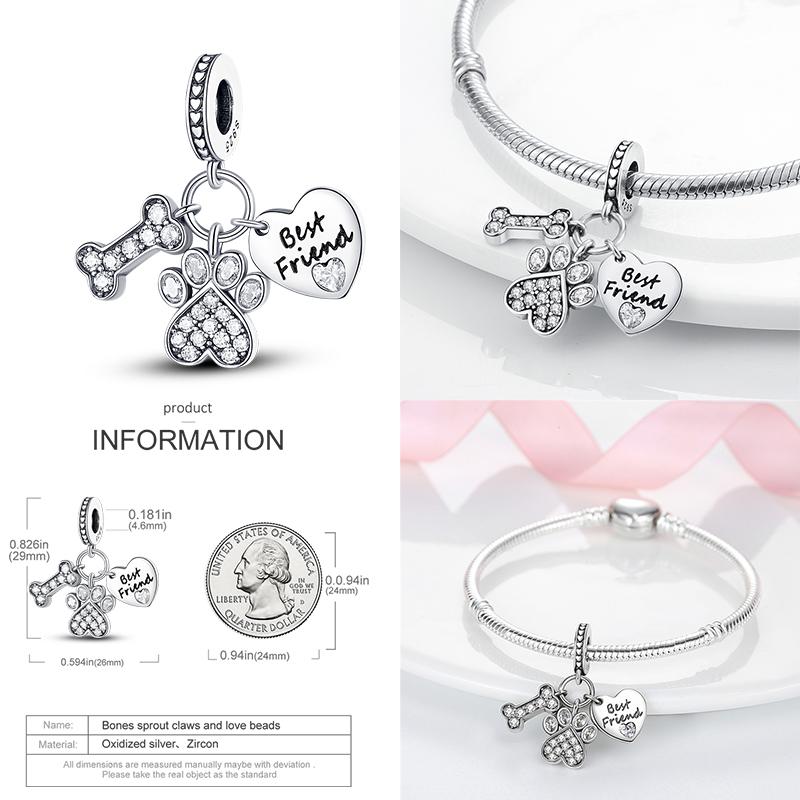 925 Sterling copper Cat and Dog Series Best Friend Pendant Fit 4MM hole diamete Bracelet Charms Bead Necklace DIY Female Zircon