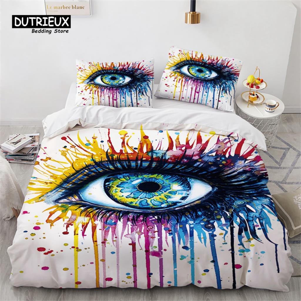 3D Barevný Oči Povlak na přikrývku Mikrovlákno Vintage Vševidoucí oko Tetování Povlak na přikrývku Boho Mandala Ložní souprava Plná Jednolůžková King Size