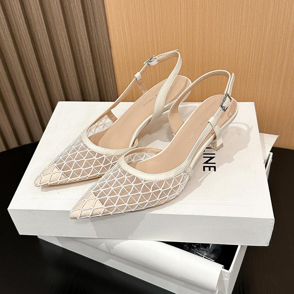 High Heels Womens Summer New Temperament Pointed Head Woven Thin Heels Single Shoes Mesh Breathable High Heels Sandals Women