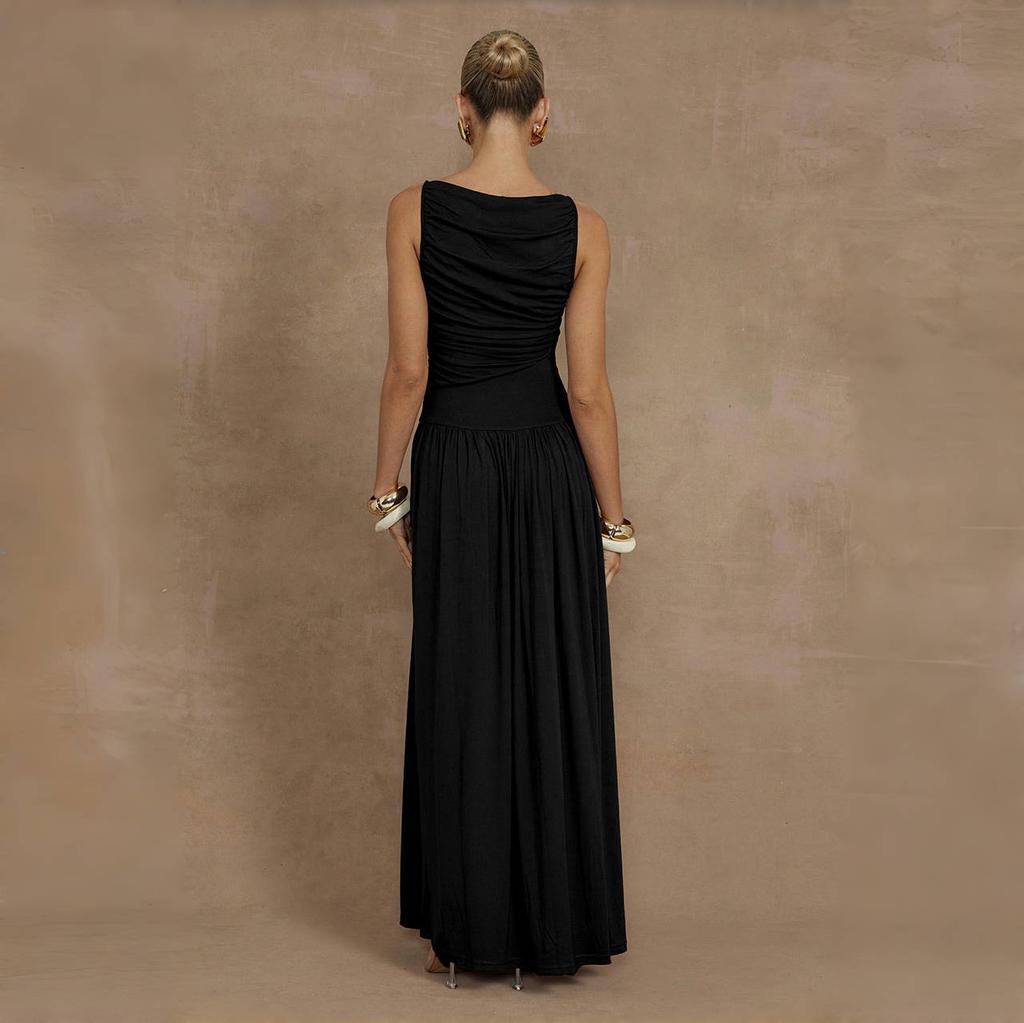 LYRIA Elegant Sleeveless Maxi Dress for Women Fashion Solid Boat Neck Tank Dresses Ladies Sexy Ruched Long Dress New Gown