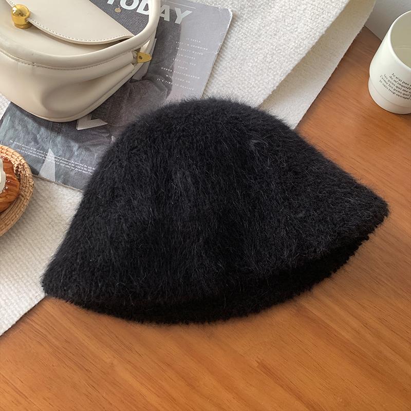Weißer gestrickter Kaninchenfell-Bucket-Hat für Damen, neu für Herbst und Winter, großer Kopfumfang, Beckenhut, hochwertiges Gefühl, Hut für ein kleines Gesicht