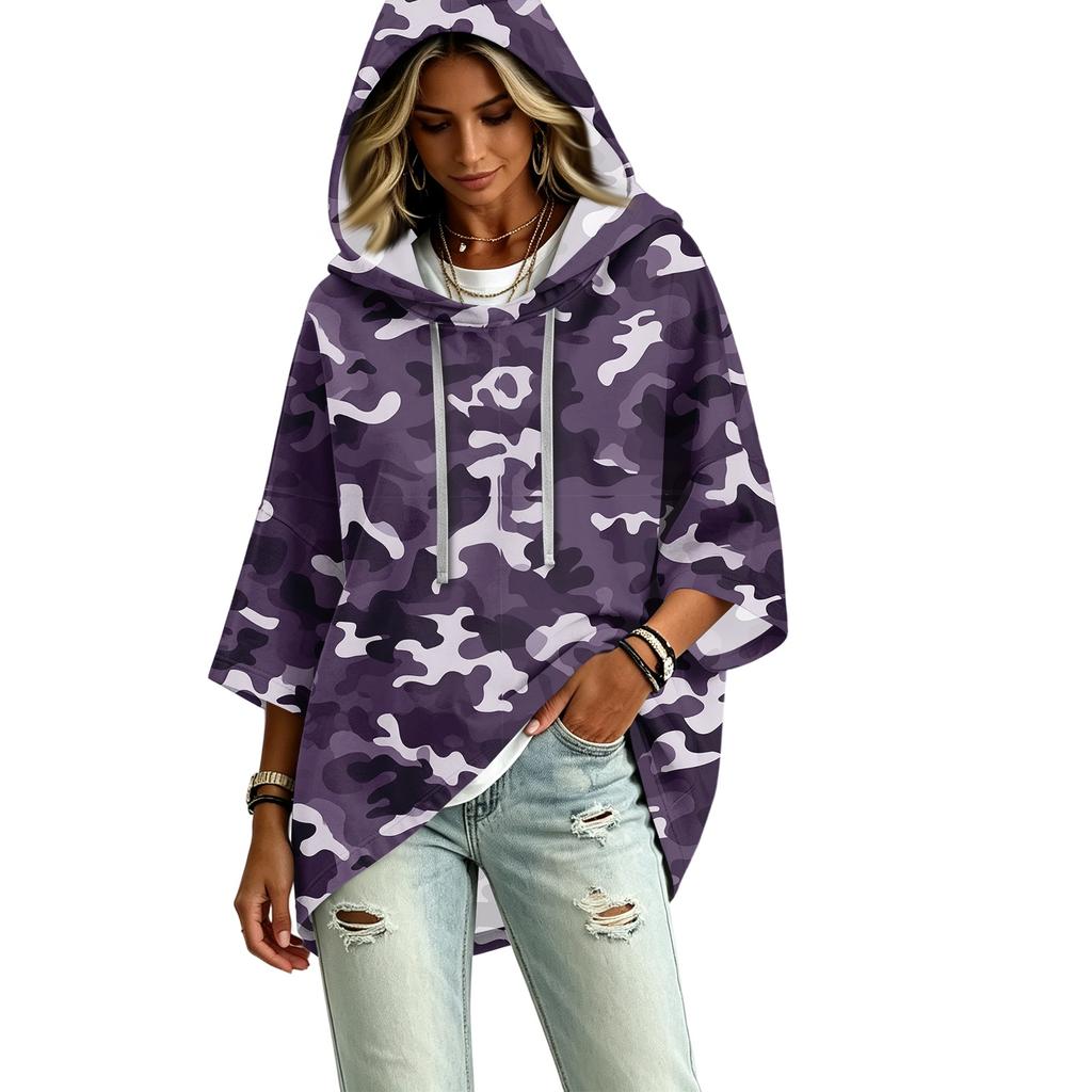 Damen lässiger Kapuzenpullover mit Camouflage-Print und Dreiviertelärm