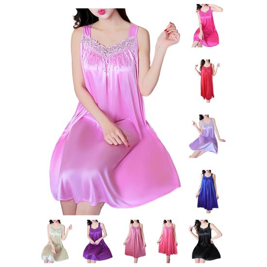 Lady Pajamas Solid Color Smooth Lace Patchwork Night Dress for Wedding Night